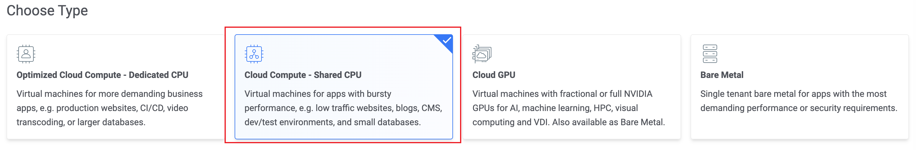 Choose Type 页面选中 Cloud Compute - Shared CPU