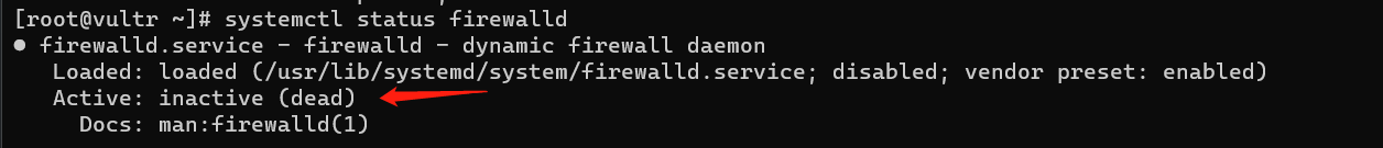 执行 ufw status 显示 inactive,防火墙已关闭