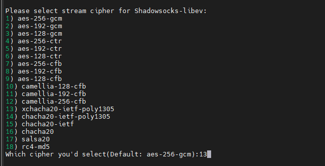 加密方式选择,输入 13 选中 xchacha20-ietf-poly1305