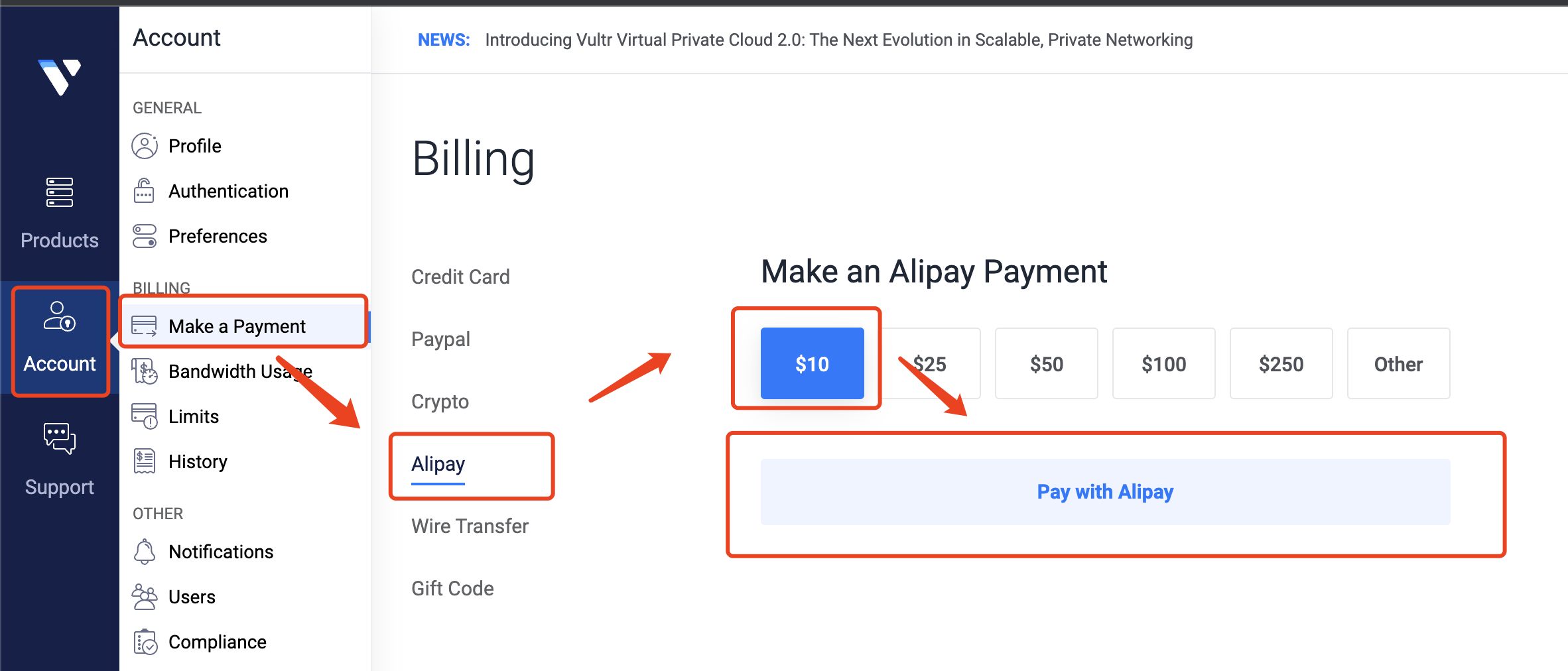 Vultr 充值页面