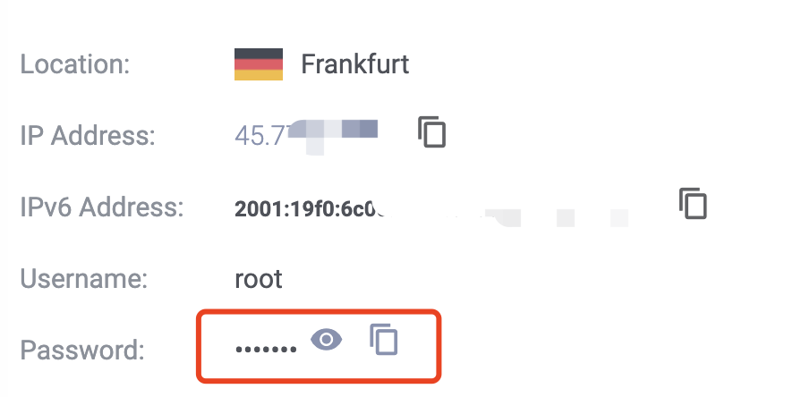服务器详情页中的 IP 地址与 root 密码